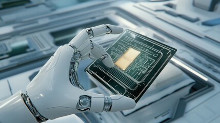 Obraz premium A futuristic robotic hand carefully assembling a delicate object, sci-fi and technological