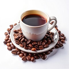 Fototapeta premium A Steaming Cup Of Rich Dark Coffee Nestled Amongst Roasted Beans, A Morning Ritual Of Warmth And Comfort In Soft, Natural Light