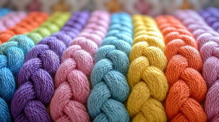 Braided colorful strands of yarn in a row, soft and textured, vibrant hues