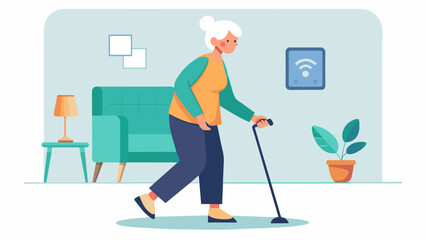 Fototapeta premium An elderly individual using a smart cane with builtin sensors for balance and mobility assistance throughout their home.. Vector illustration