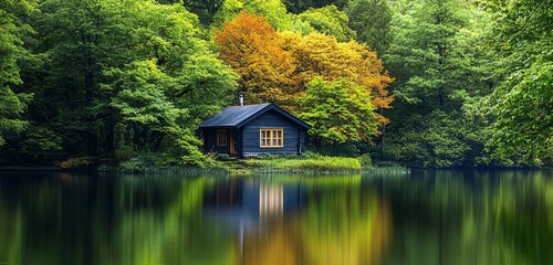 Obraz premium A Tranquil Lakeside Cabin Nestled Amidst Vibrant Autumn Foliage Reflecting In Still Waters, Creating A Serene And Peaceful Atmosphere
