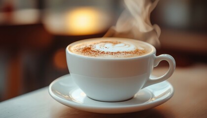 Fototapeta premium Steaming Cappuccino Served In A Classic White Coffee Cup With Saucer, Topped With Cream: A Delightful Hot Beverage Experience.