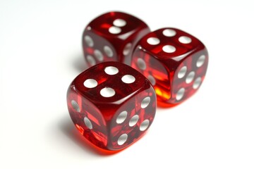 Three vibrant red dice are displayed on a light surface. Each die shows different numbers on its faces. This imagery captures the essence of chance. Generative AI