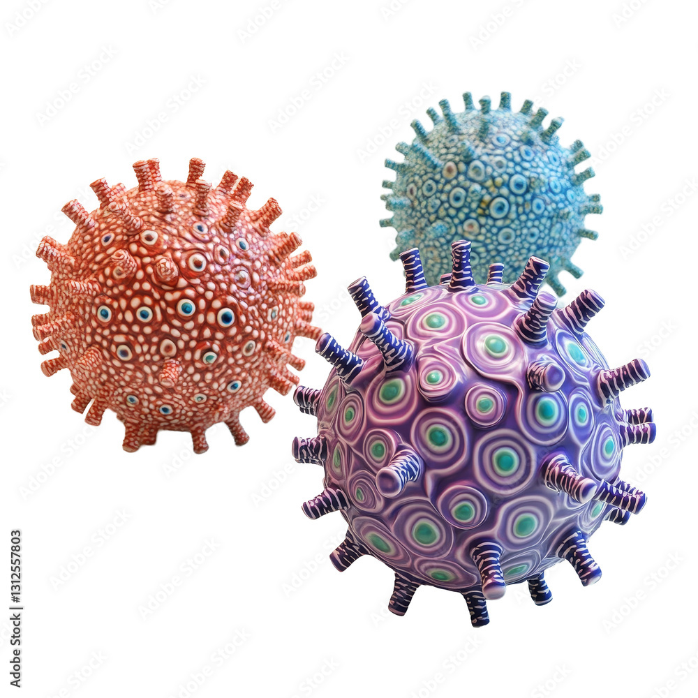 Poster models of virus pathogens displayed on a transparent background for educational purposes, 3d virus p