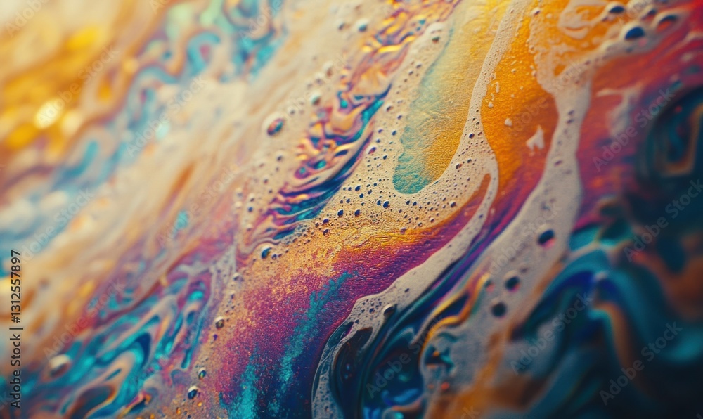 Poster macro shot of a vibrant soap bubble reflecting intricate rainbow patterns under soft light. smooth t