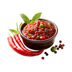 Bowl of Chili Sauce with Peppers and Basil Isolated on Transparent Background