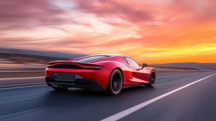 Obraz premium A luxury sports car speeding down a highway at sunset, sleek and dynamic