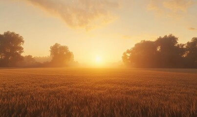 Majestic sunrise over a tranquil field of golden wheat, with soft orange hues illuminating the landscape. Warm natural tones evoke peace,