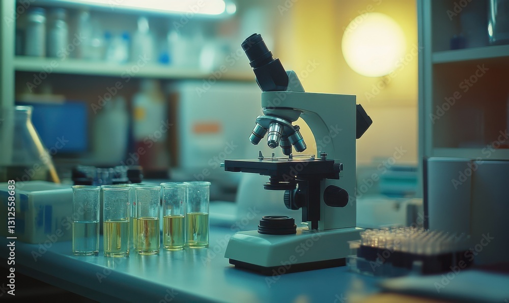 Poster microscope with test tubes in a laboratory setting