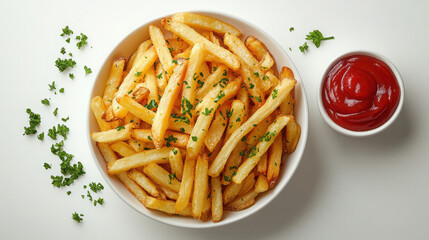 Plate of French fries with small plate of Ketchup, in white background, photography, reality, hd.