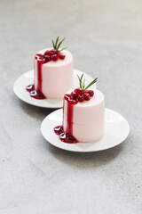 Pomegranate cream pudding, Panna Cotta cylindrical shape, with Pomegranate sauce