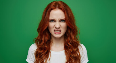 Fototapeta premium Young woman angry on green isolated background