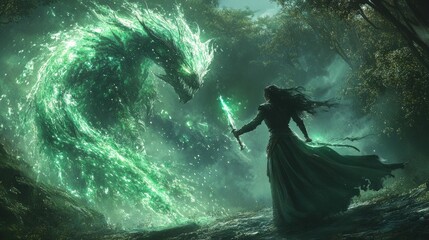 Obraz premium Woman battles emerald dragon mystical forest