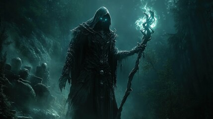 Fototapeta premium Dark figure wielding glowing staff, eerie graveyard setting