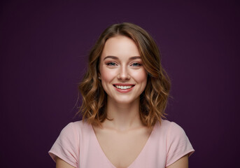 Fototapeta premium Young woman European happy on purple background