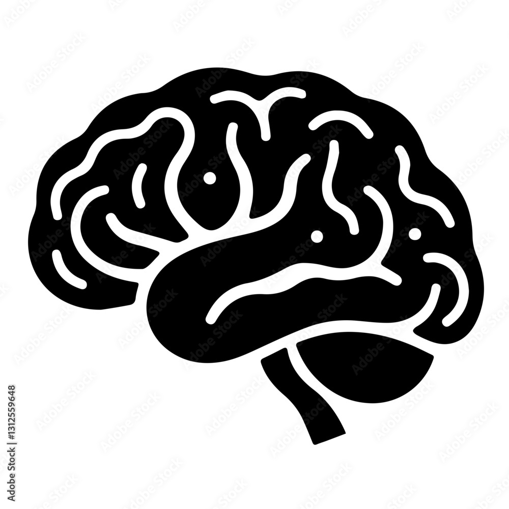 Poster black stylized brain icon with curved lines representing intelligence and creativity in a conceptual