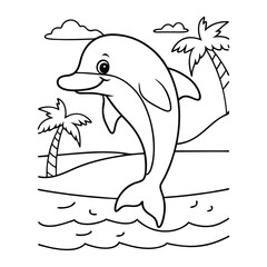 Playful Dolphin Jumping Amid Tropical Palm Trees and Ocean Waves