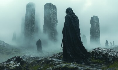 Mysterious figures, ancient stones, misty landscape.