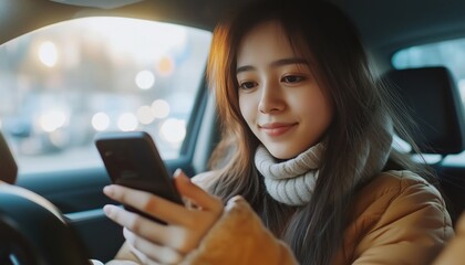 Woman Utilizing Smartphone Inside Self-Driving Car: Autopilot And Driverless Vehicle Integrating Advanced Automotive Technology.