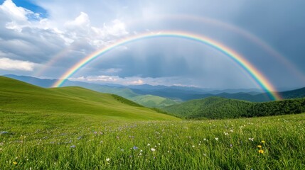 Obraz premium A perfect rainbow stretches from one end of the horizon to the other, gracefully curving over rolling hills covered in wildflowers