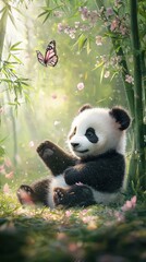 Fototapeta premium Baby panda sits in a bamboo forest with a butterfly, surrounded by flowers symbolizing peace & innocence. Perfect for nature, wildlife, and children's themes.