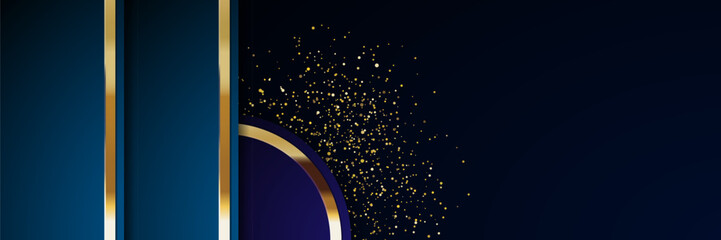 Gold glitter falling on blue, dark background, abstract design, banner