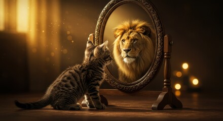 A small tabby kitten gazing into an antique mirror where its reflection appears as a majestic lion