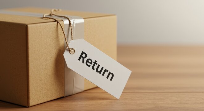 A close-up shot of a cardboard shipping box with a white Return tag attached by a twine string