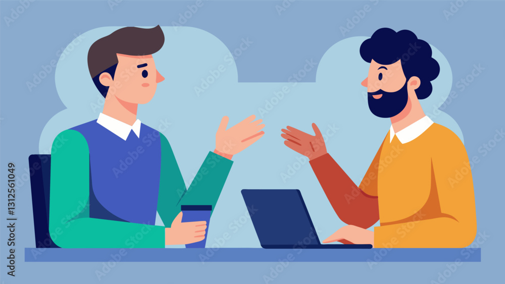 Poster two coworkers having a reflective listening conversation to resolve a conflict and come to a mutual 