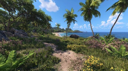 Obraz premium Sunny tropical beach path, lush vegetation, ocean vista, ideal for travel brochure