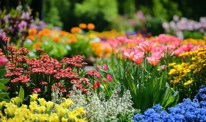 Obraz premium Rabbit among colorful flowers in a vibrant spring garden