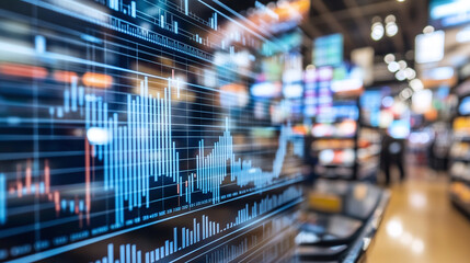 Digital graphs of bar and line charts displaying statistics, with rows of display screens in the background; suggesting commerce and consumer habits.