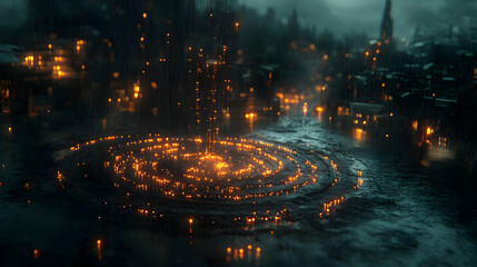 Rainy Night in a Dark Fantasy City with Glowing Spiral Fire