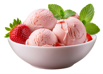 Scoops of strawberry ice cream with fresh strawberries and mint leaves in white bowl on transparent background.