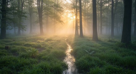 Walking Through Foggy Forest with Sunlight Stream Flowing Through Trees