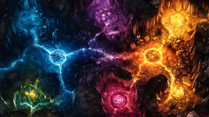Aerial View of Mystical Underground Energy Nexus with Glowing Cores and Crystalline Structures