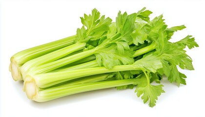 Fresh Green Celery On A Crisp White Background. Crisp, Vibrant And Healthy Green Celery Against A Clean White Backdrop. Perfect For Healthy Food Concepts.