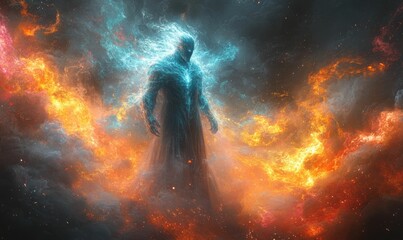 Fiery ethereal being amidst swirling flames
