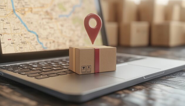 Delivery Tracking Laptop With Pin Location Point Marker On Map For Shipment: The Process Of Shipping And Logistics Rendered From Notebook.