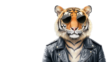 Tiger wearing sunglasses and black leather jacket on transparent background