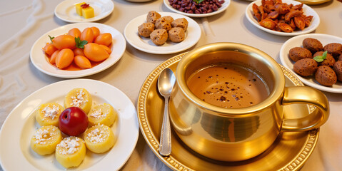 Traditional Iftar meal with dates and food for Ramadan blogs, cultural websites, recipe collections, and religious holiday content