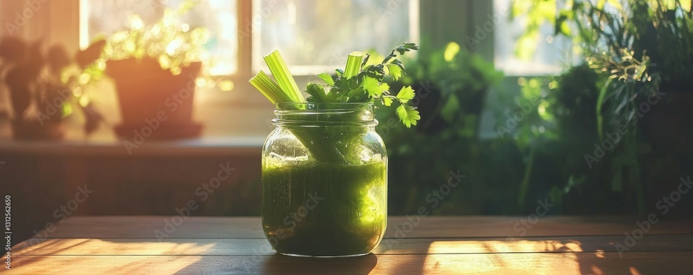 Poster refreshing green drink in a jar with celery on a wooden table during daytime
