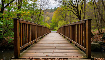 Rustic wooden bridge crossing narrow river in serene forest, tranquility