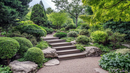Serene garden pathway with stone steps amidst lush greenery and trees.