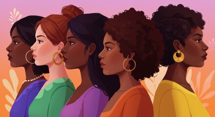 A vibrant colorful digital illustration celebrating Women History Month featuring diverse women of different ethnicities and backgrounds