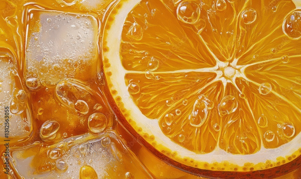 Poster refreshing orange drink with ice and a slice of orange