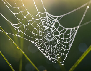 Dew-Covered Spiderweb in Early Morning Light