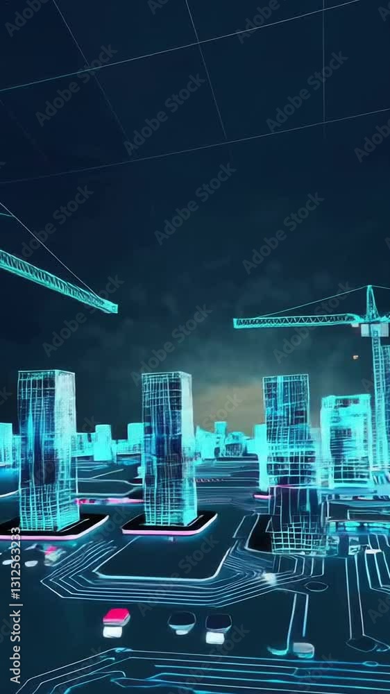 Poster futuristic cityscape with digital circuitry and tower cranes in motion across a neon grid