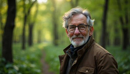 Smiling man in peaceful forest. AI image