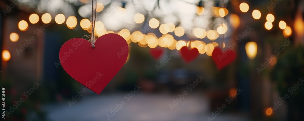 Aufkleber red paper hearts hanging on string with blurred lights in the background during evening hours